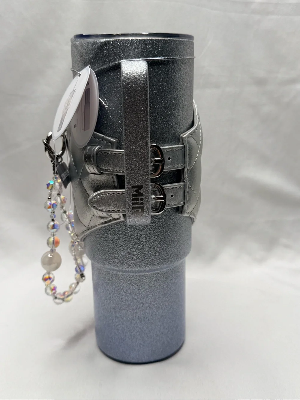 Starbucks Silver Glitter Tumbler with Quilted Pouch & Beaded Charm 16 oz New NWT